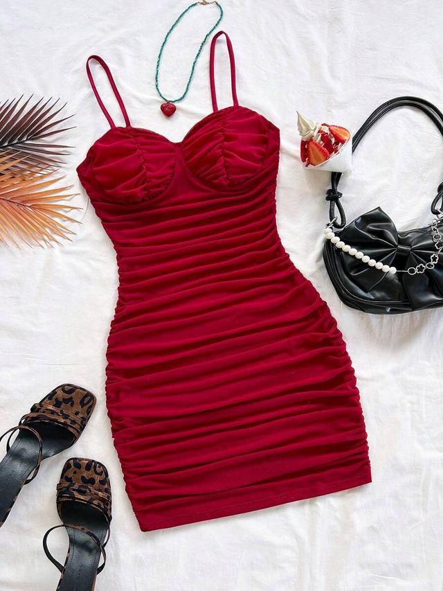 red ruffled mesh mini slip dress