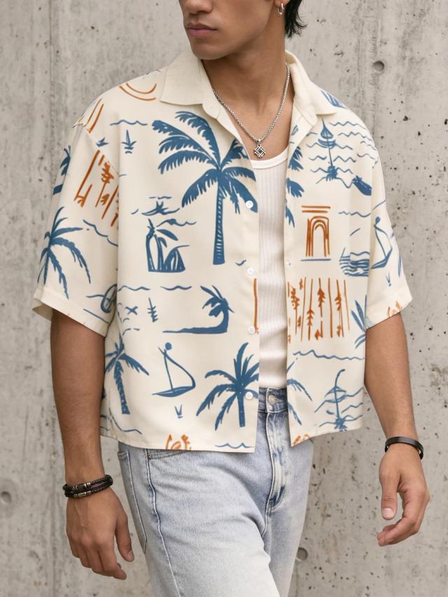 men's palm tree and island sketch print vacation shirt
