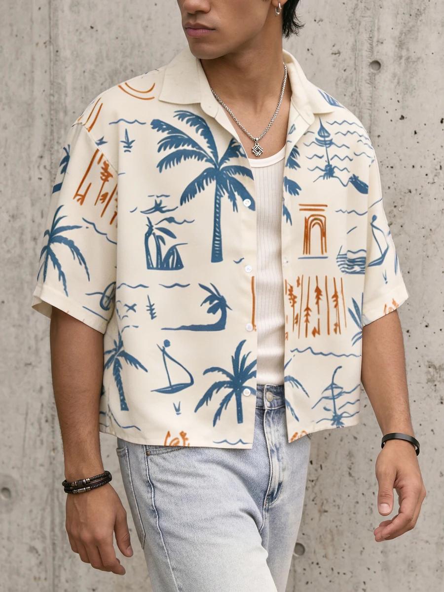 men's palm tree and island sketch print vacation shirt
