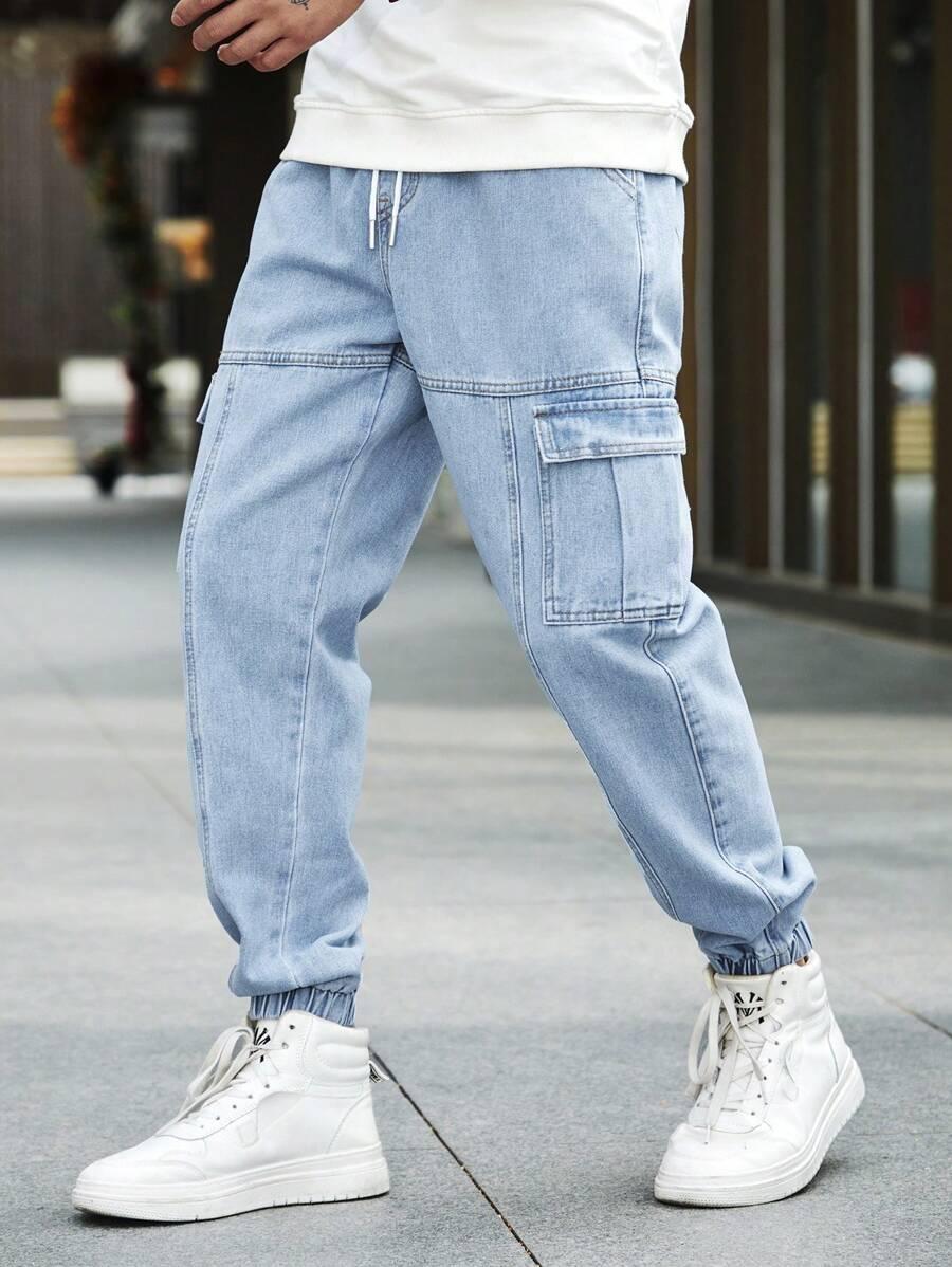 loose fit light wash denim cargo jogger jeans