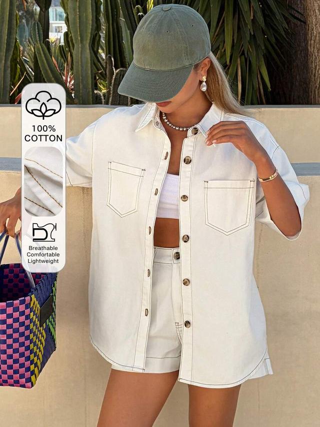 casual cotton contrast stitch shirt and shorts set