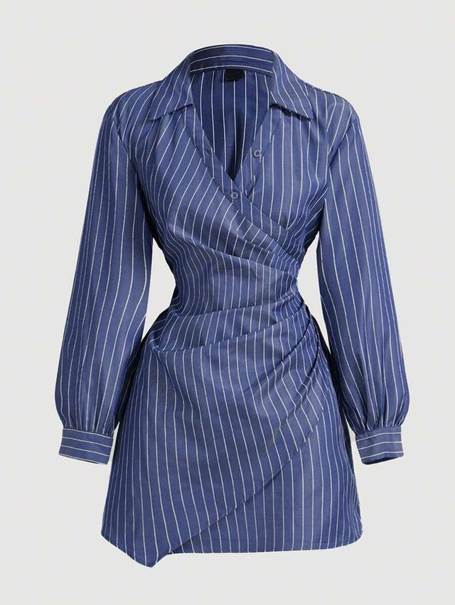 navy white stripe print cross-wrap ruffle long sleeve dress