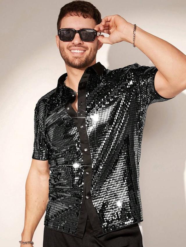 fevercity men's black sequin decorated short sleeve shirt