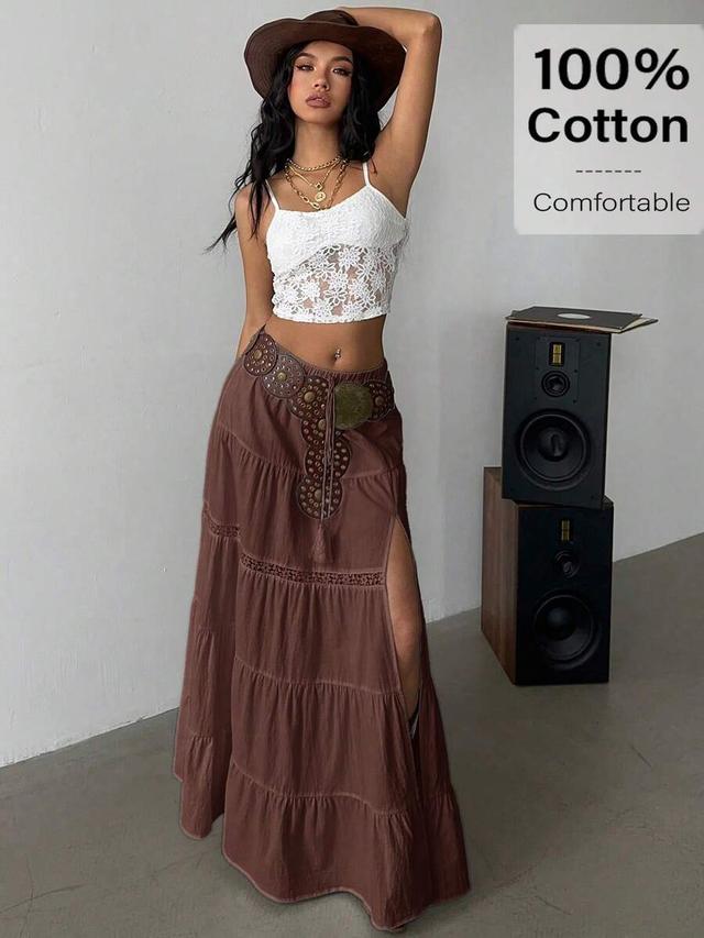 brown cotton boho tiered maxi skirt with lace trim