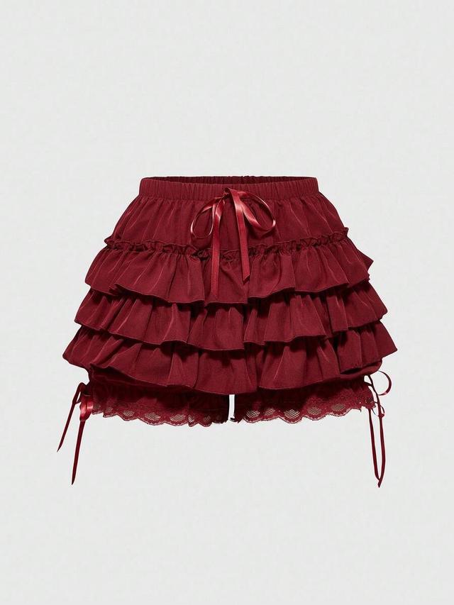 red ruffled lace patchwork shorts with tie