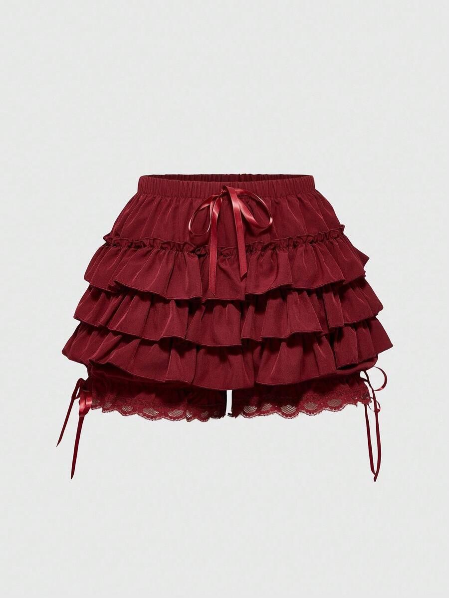 red ruffled lace patchwork shorts with tie
