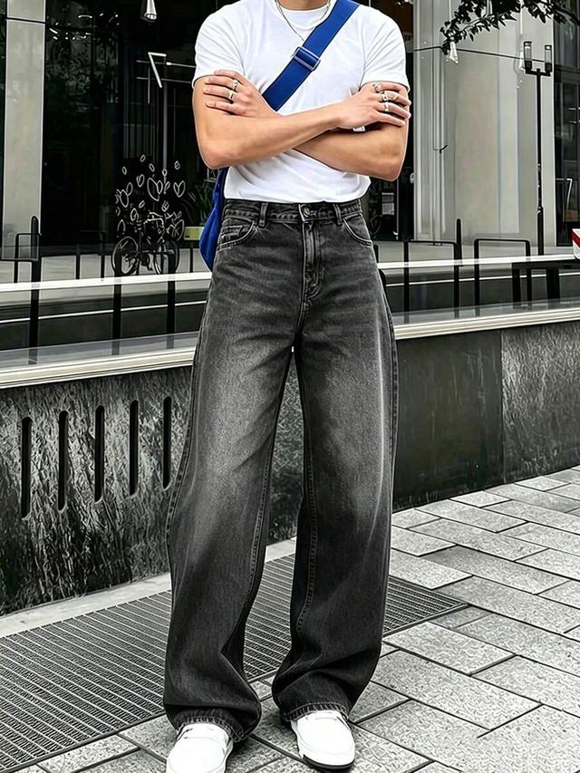 men's vintage wash loose wide leg denim jeans