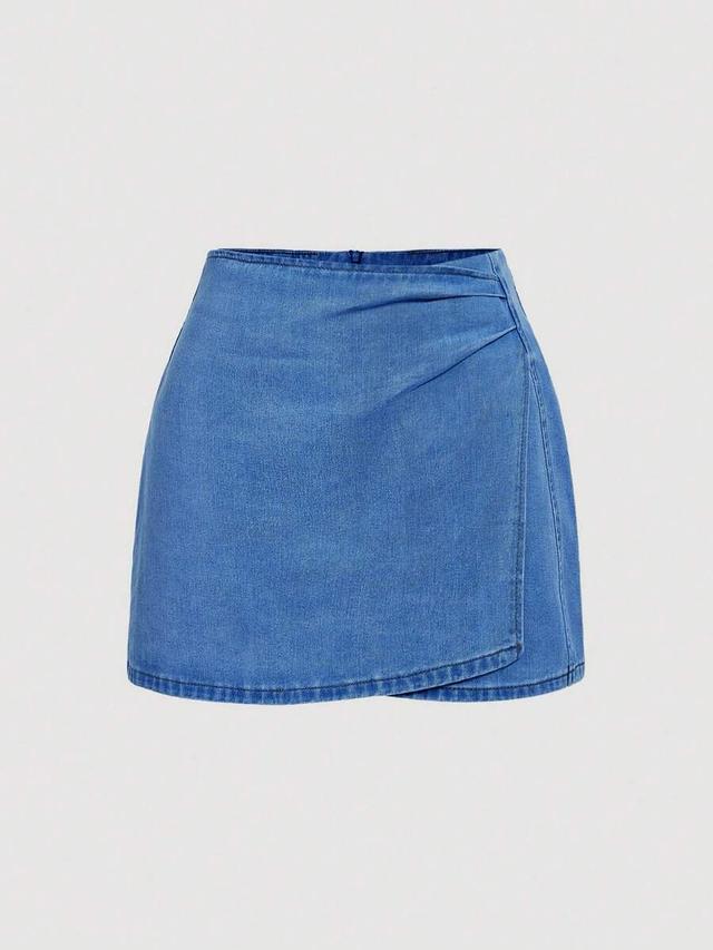 blue denim wrap-style mini skirt