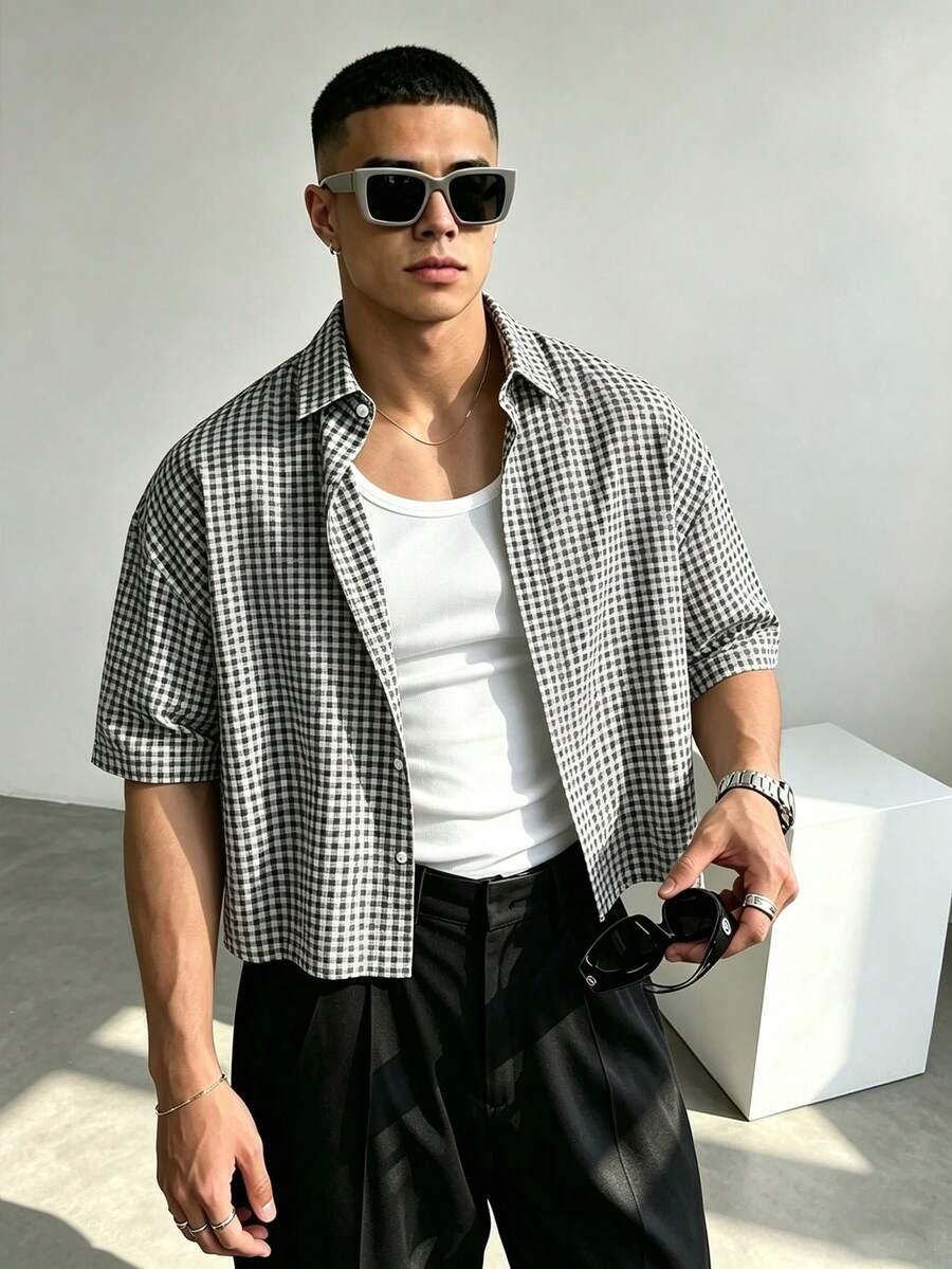 men's casual short sleeve black and white plaid shirt
