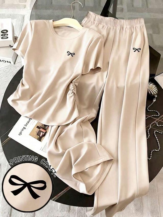 beige bow print casual two piece set
