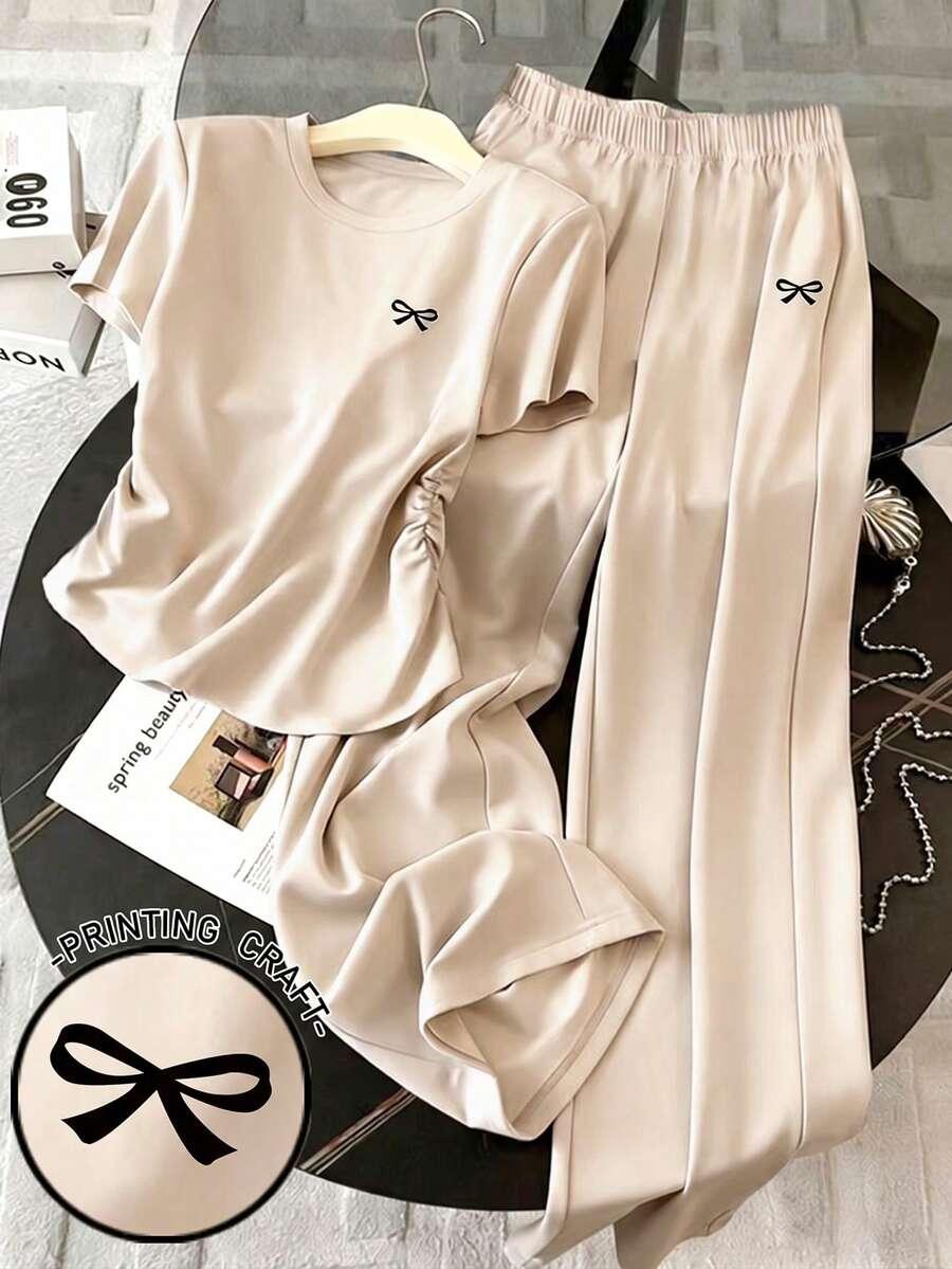 beige bow print casual two piece set