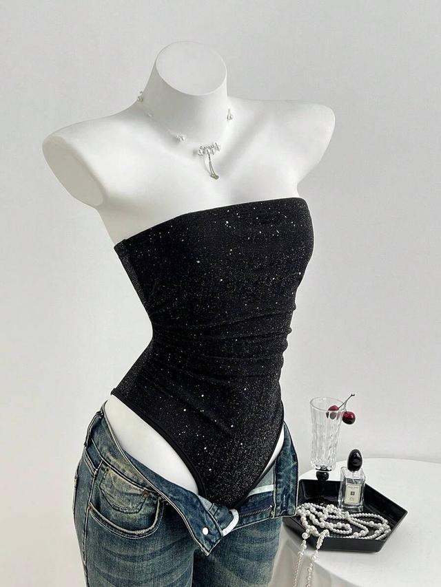 black sequin ruched bandeau bodysuit