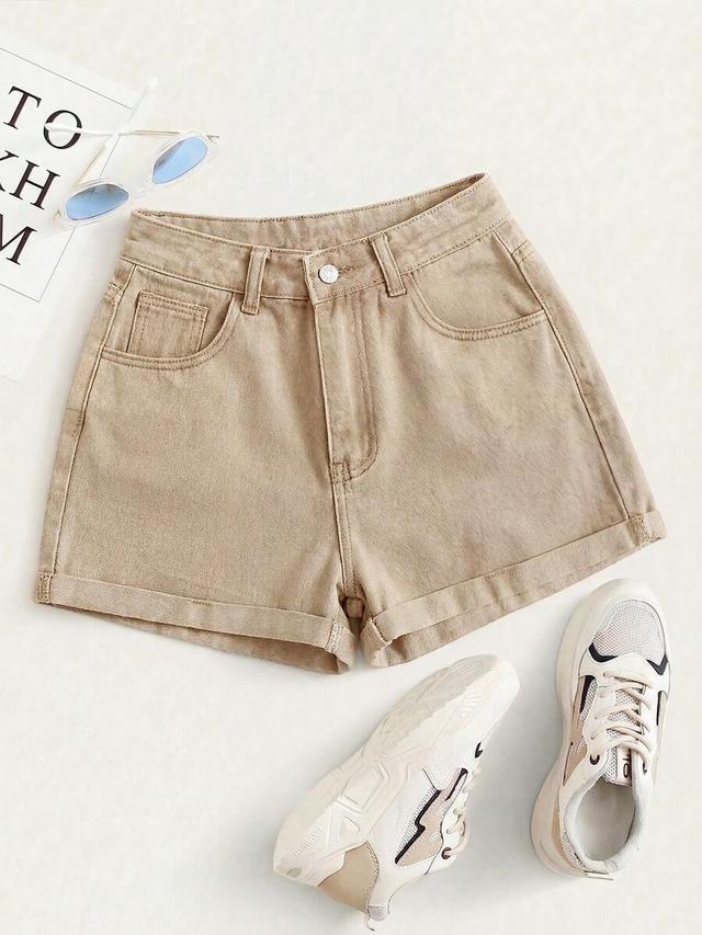 gloweve women's casual everyday pocketed button denim shorts
