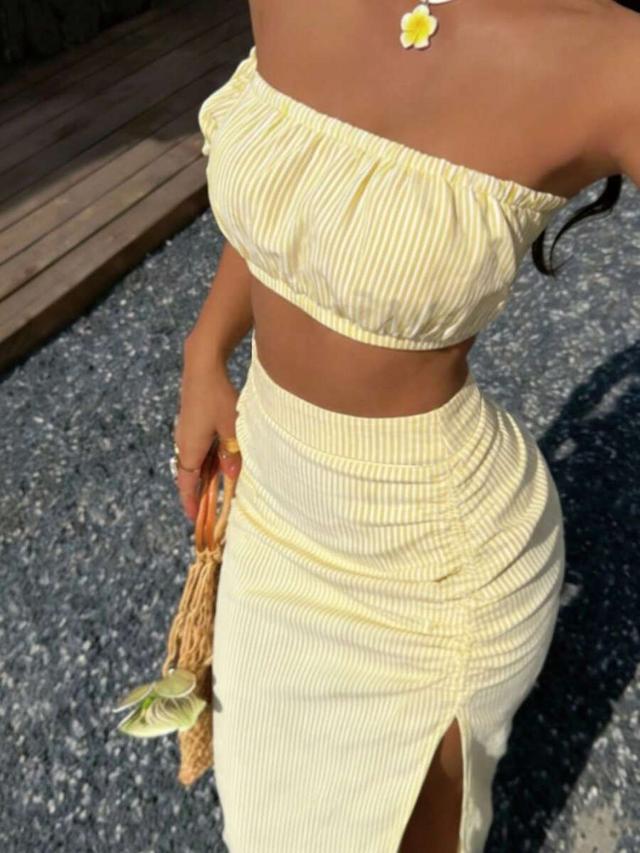 women's yellow striped strapless ruched slit matching set