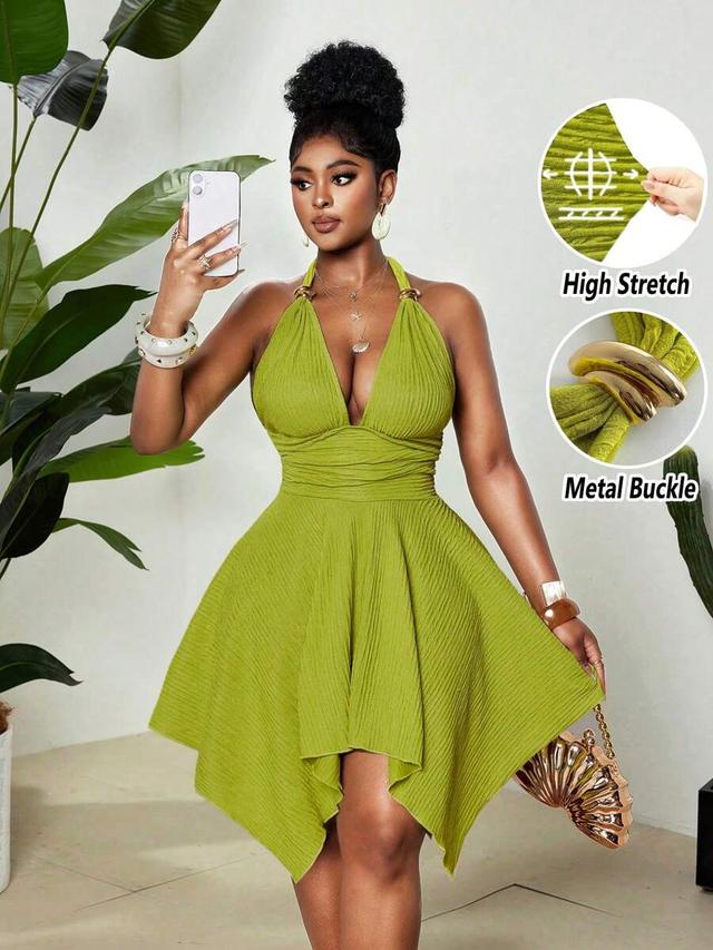 lime green pleated halter neck mini dress