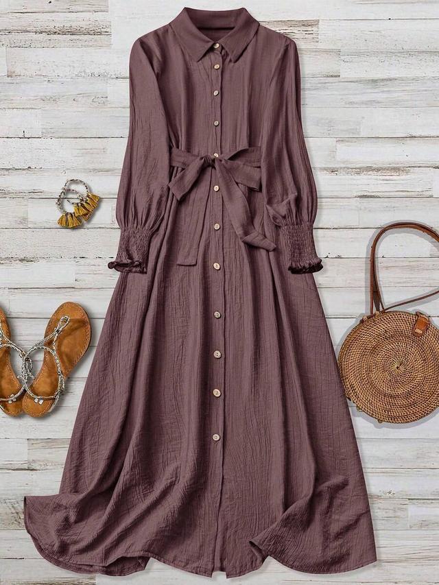 crinkled linen long shirt dress with waist belt