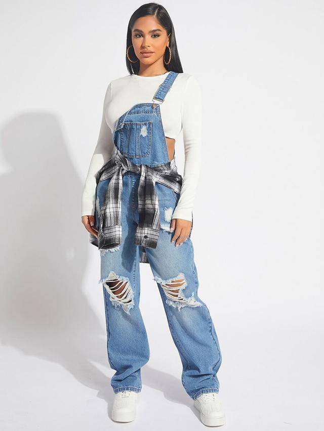 distressed light wash denim dungarees with relaxed fit