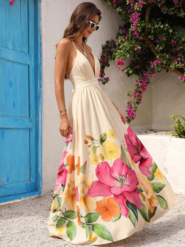 vivid eden floral print deep v neck backless dress
