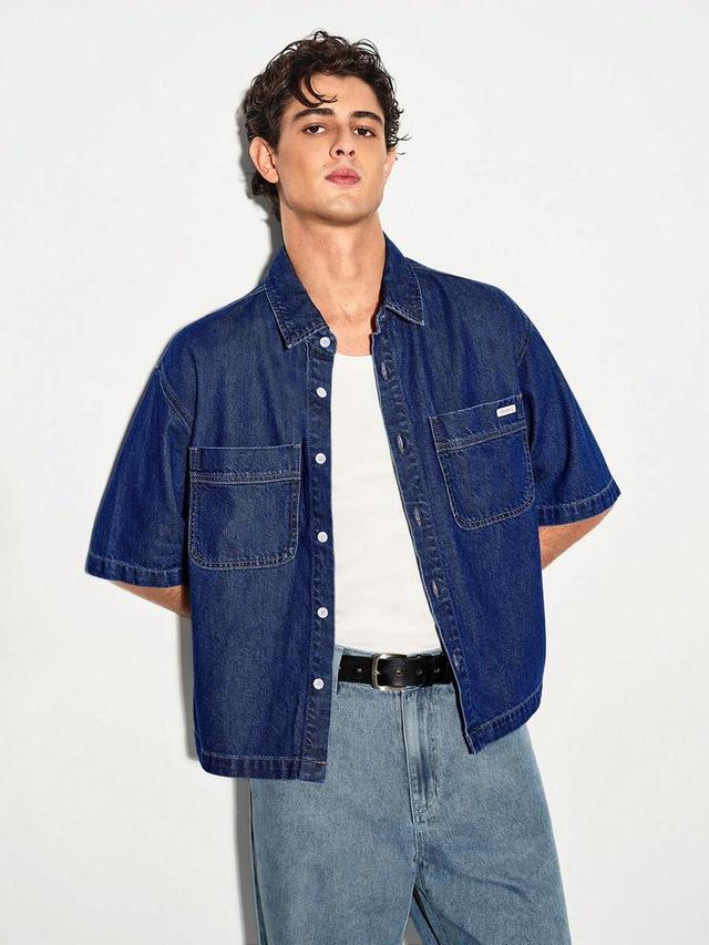 colvenic men's streetwear casual patch pocket blue denim shirt