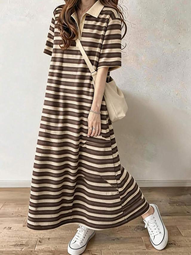 striped polo collar straight long sundress