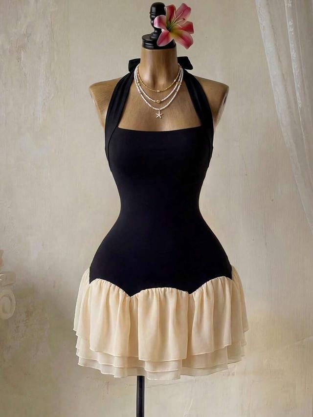 black and beige halter neck patchwork mini dress