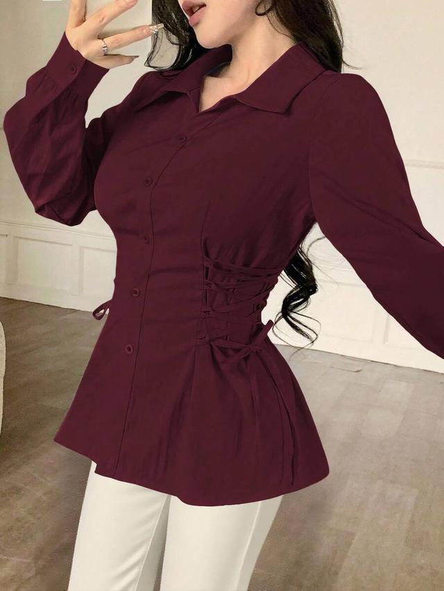 maroon cinched waist tie collar long sleeve blouse