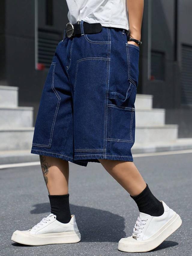 men's blue denim patchwork multi-pocket casual shorts