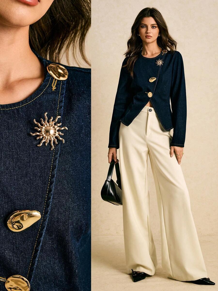 poéselle dark blue denim long sleeve minimalist blouse