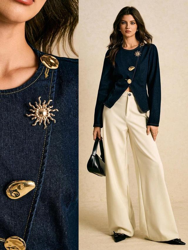 poéselle dark blue denim long sleeve minimalist blouse