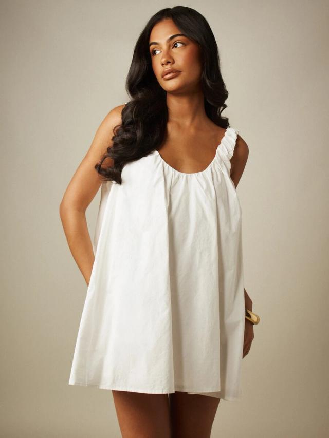 white pleated loose fit mini babydoll dress