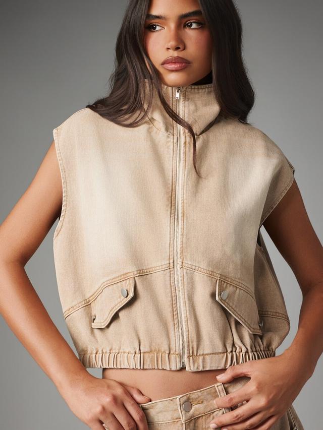 funnel neck sleeveless denim cargo gilet cropped vest