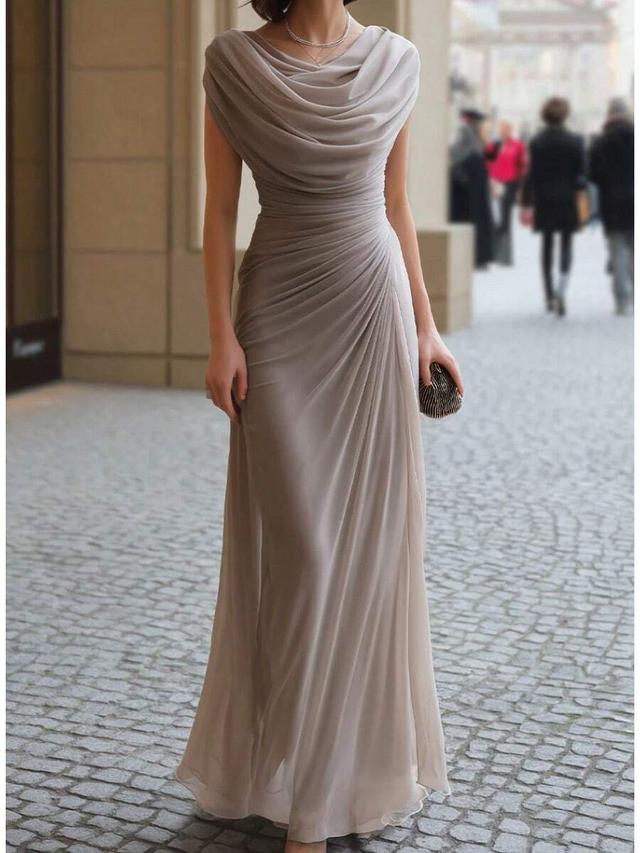 taupe draped cowl neck silk chiffon evening gown