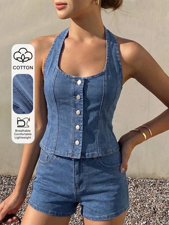 vintage blue denim halter top and shorts set