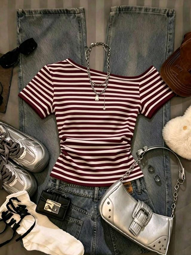 maroon and white striped asymmetrical shoulder t-shirt