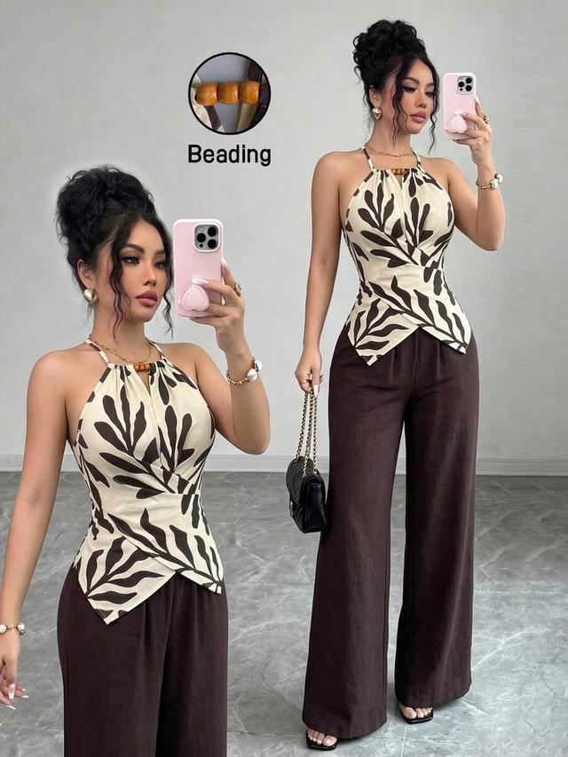 cream with brown print casual loose straight-leg pants