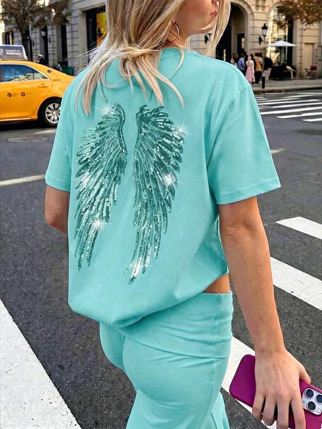 angel wings sequin embroidered mint green t-shirt