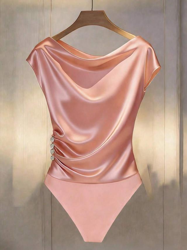 dusty pink satin draped bodysuit with decorative buttons