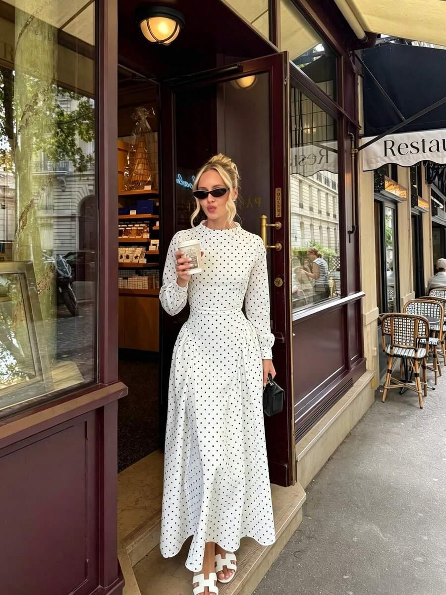 white polka dot long sleeve elegant maxi dress