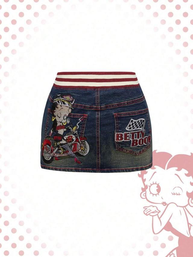 blue betty boop embroidered denim mini skirt