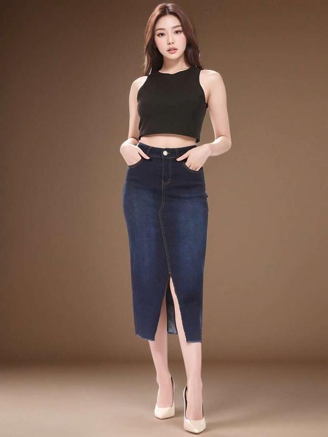 women's basic 5 pockets stretch denim pencil skirt