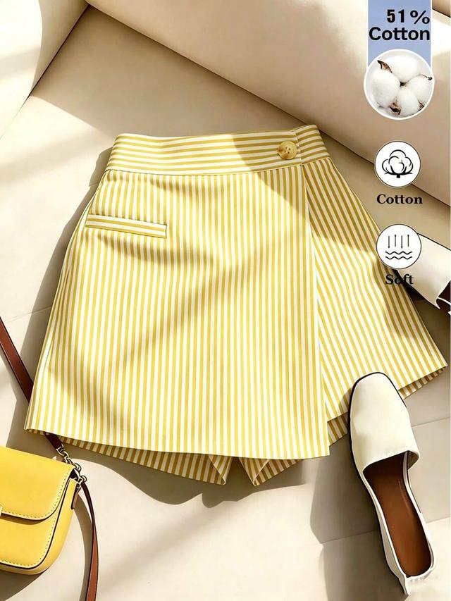 yellow and white striped asymmetrical button skort