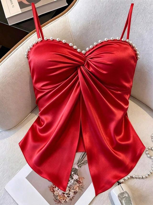 elegant red satin camisole with pearl neckline