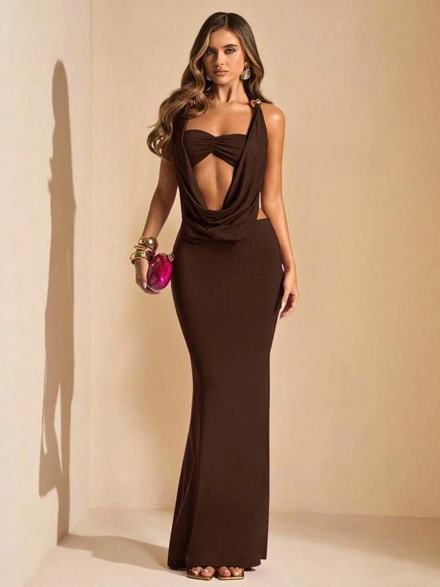 solid deep draped neck backless maxi dress