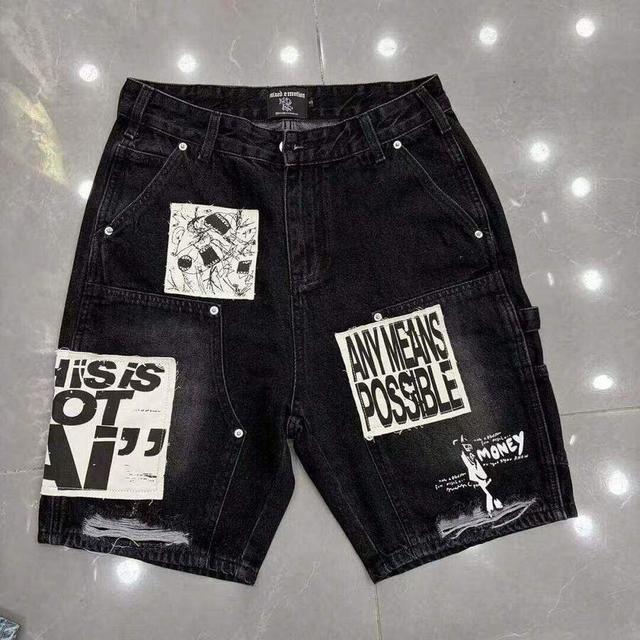black patched emotion patchwork ripped denim knee-length shorts