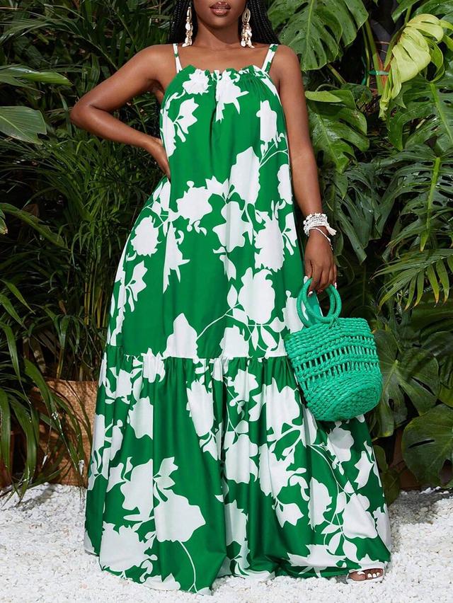 green and white floral print tiered maxi dress