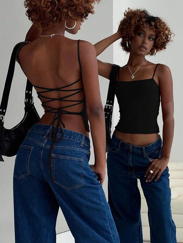 solid color back cross tie open back camisole