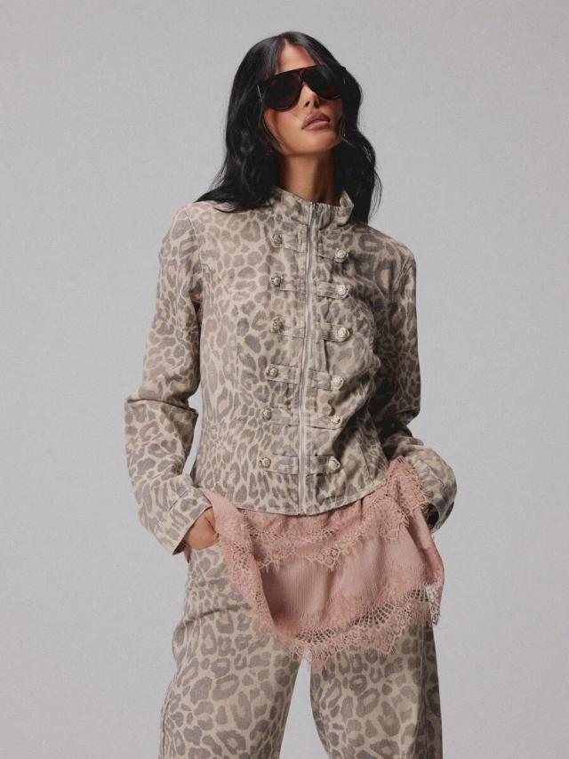 leopard print military style cotton jacket