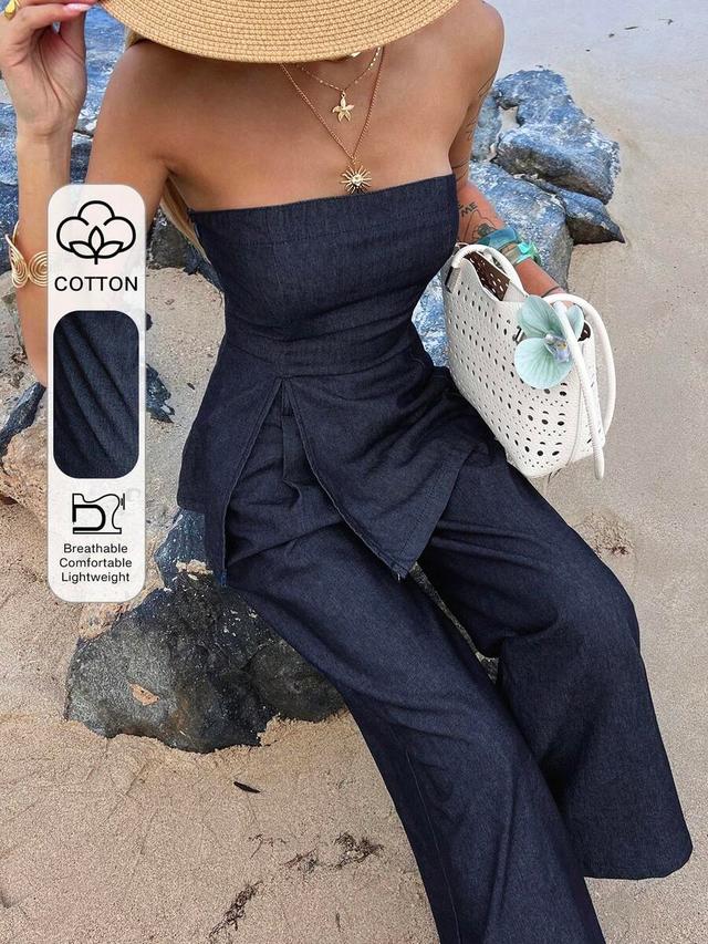 dark denim strapless peplum top and matching wide-leg trousers