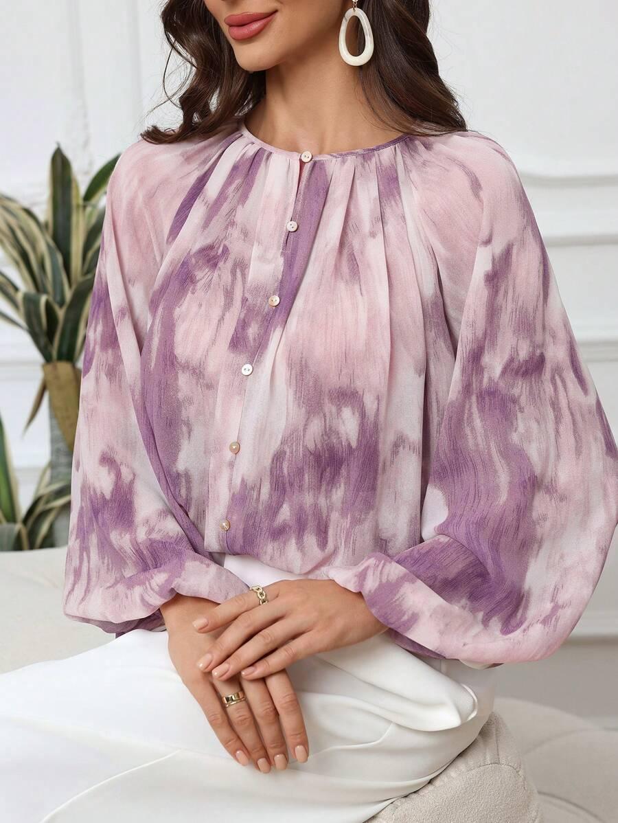 purple tie-dye print loose lantern sleeve blouse