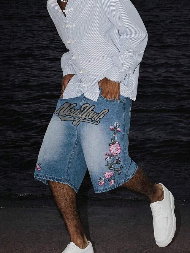 blue floral embroidered denim shorts with new york lettering